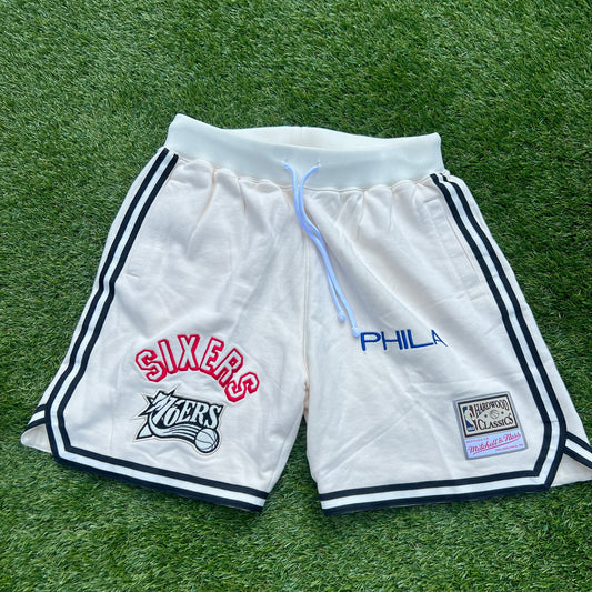 New Philadelphia 76ers Mitchell & Ness Patch Cream Color Shorts: Size L