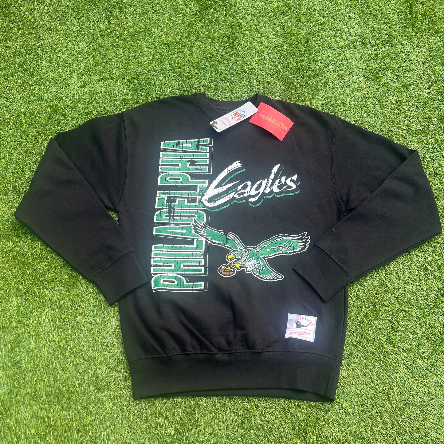 New Philadelphia Eagles Mitchell & Ness Throwback Black Crewneck: Size Small