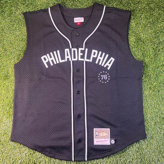 New Philadelphia Sixers Mitchell & Ness Mesh Button Down Tank Top: Size L