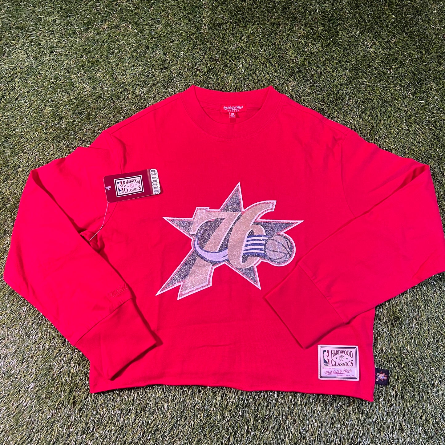 New Philadelphia 76ers Mitchell & Ness Glitter Long Sleeve Crop Top: Size XS