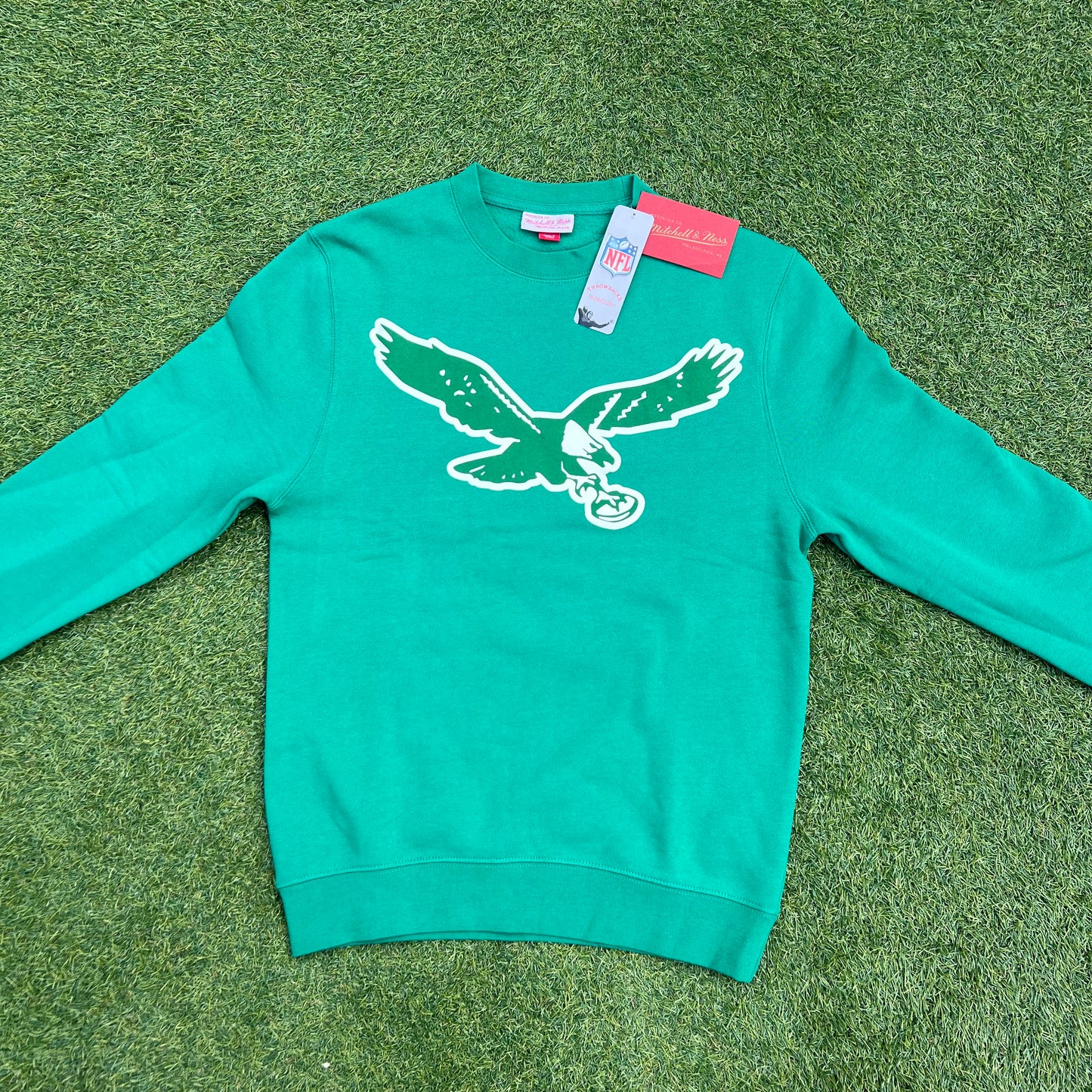 New Philadelphia Eagles Mitchell & Ness Mens Kelly Green Long Sleeve Crew Sweatshirt: Size Small