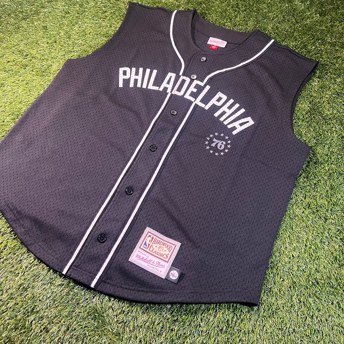 New Philadelphia Sixers Mitchell & Ness Mesh Button Down Tank Top: Size L