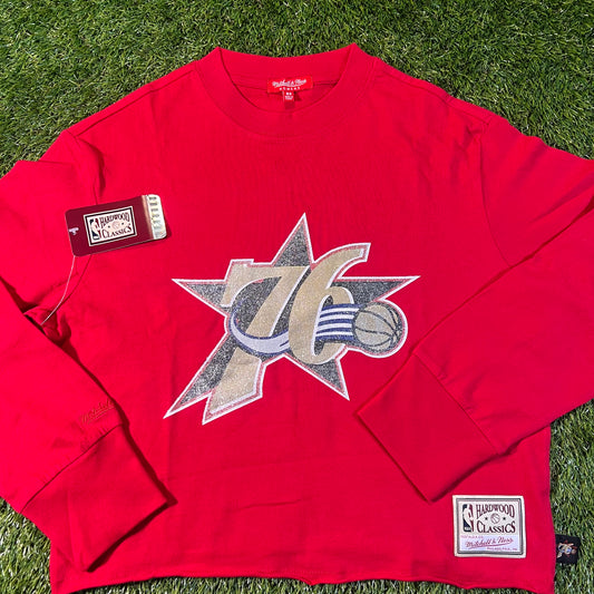 New Philadelphia 76ers Mitchell & Ness Glitter Long Sleeve Crop Top: Size XS