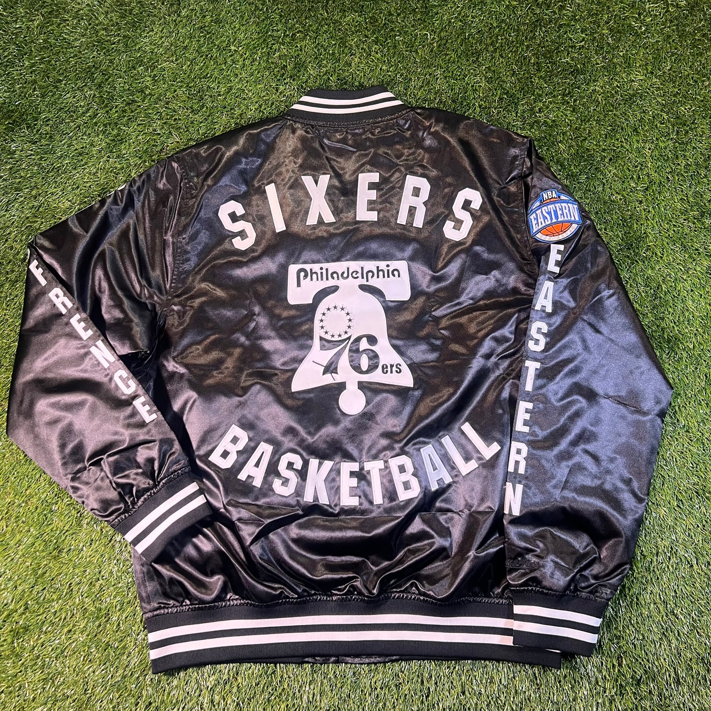 New Philadelphia 76ers Mitchell & Ness Button Black Satin Jacket: Size L