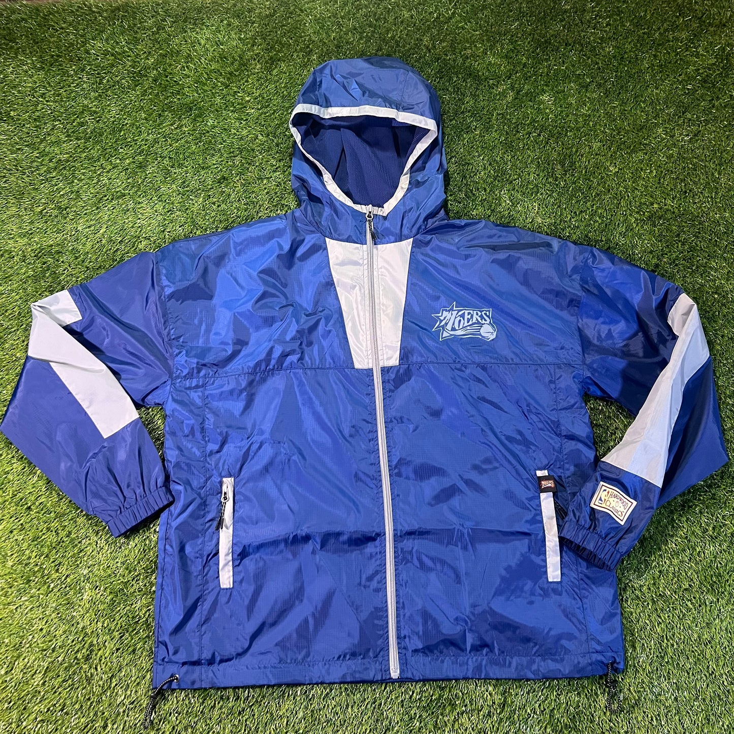 New Philadelphia 76ers Mitchell & Ness Blue Windbreaker Jacket Full Zip: Size L