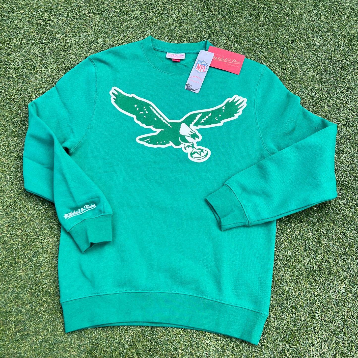 New Philadelphia Eagles Mitchell & Ness Mens Kelly Green Long Sleeve Crew Sweatshirt: Size Small