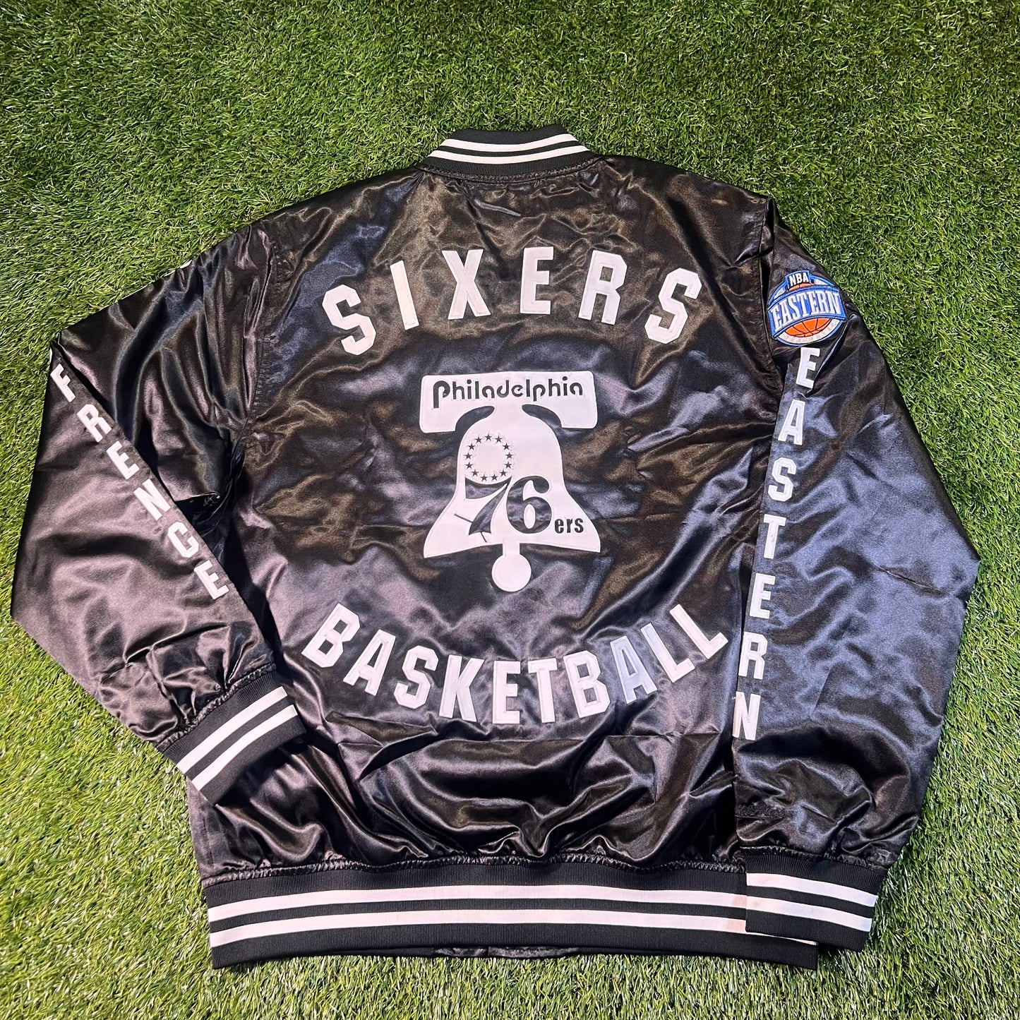 New Philadelphia 76ers Mitchell & Ness Button Black Satin Jacket: Size L