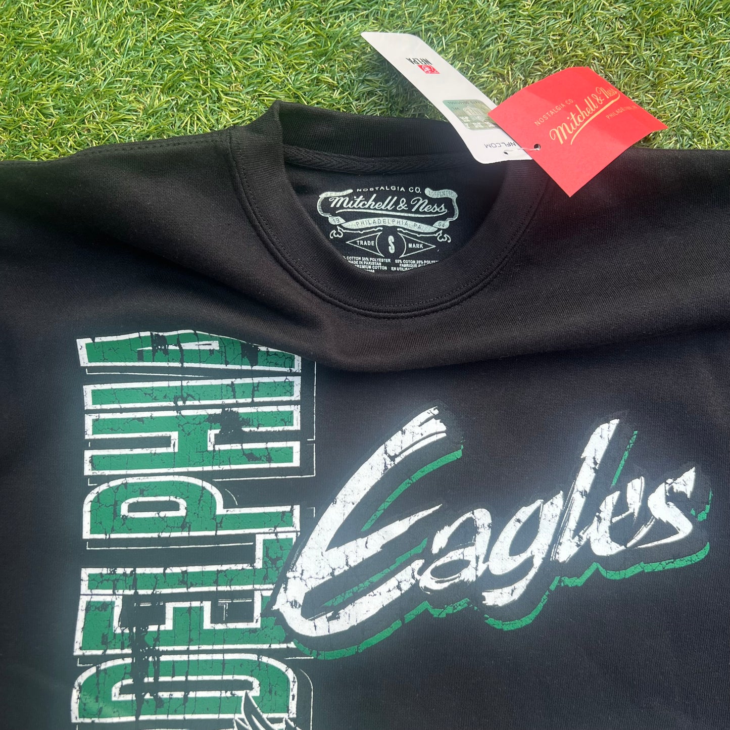 New Philadelphia Eagles Mitchell & Ness Throwback Black Crewneck: Size Small