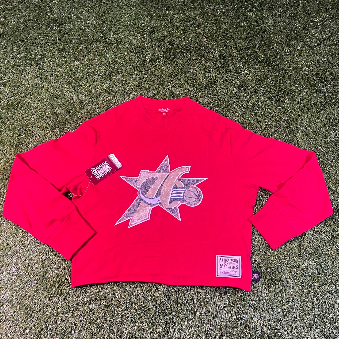 New Philadelphia 76ers Mitchell & Ness Glitter Long Sleeve Crop Top: Size XS