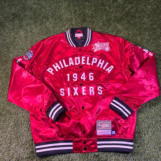 New Philadelphia 76ers Mitchell & Ness Button Red Satin Jacket: Size L