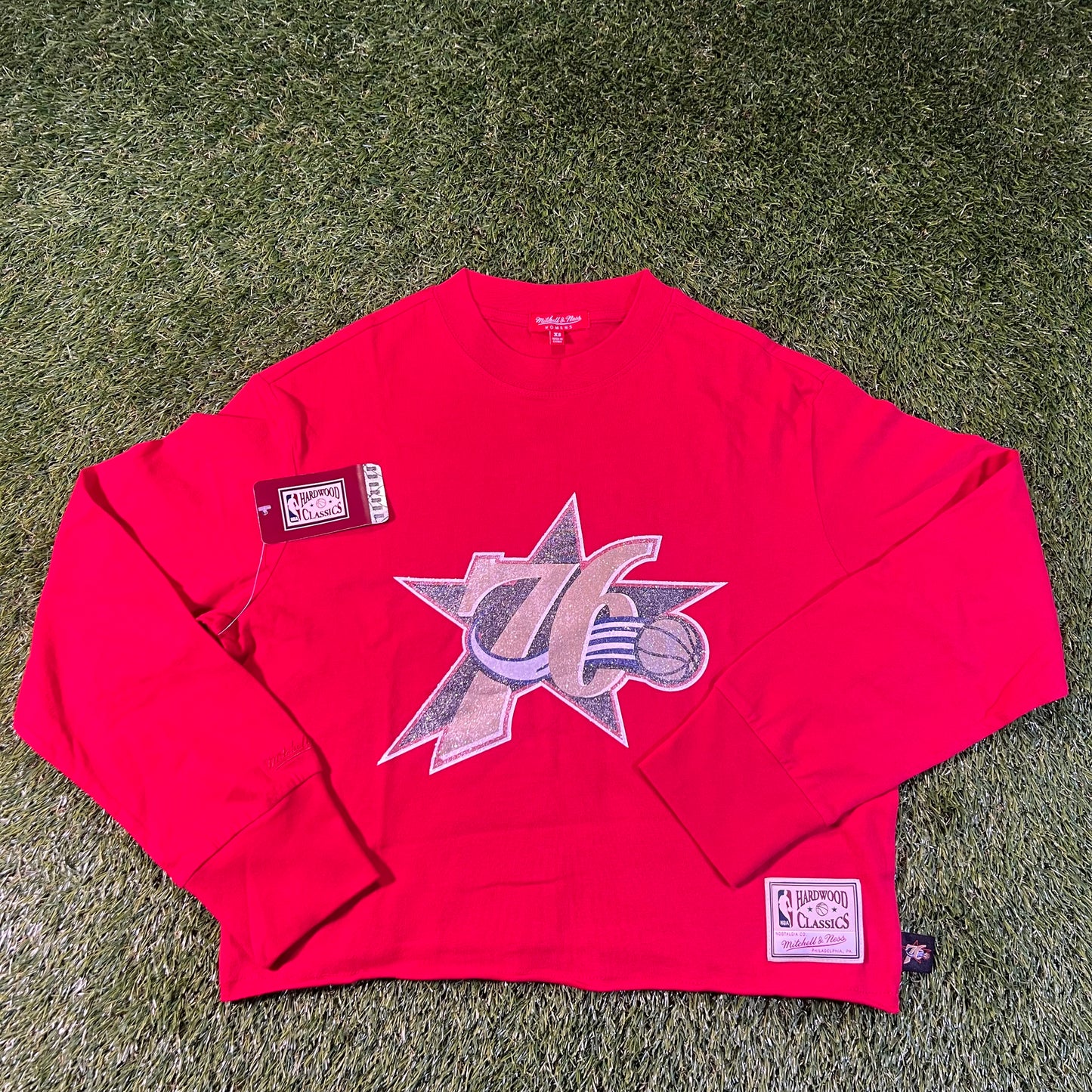 New Philadelphia 76ers Mitchell & Ness Glitter Long Sleeve Crop Top: Size XS