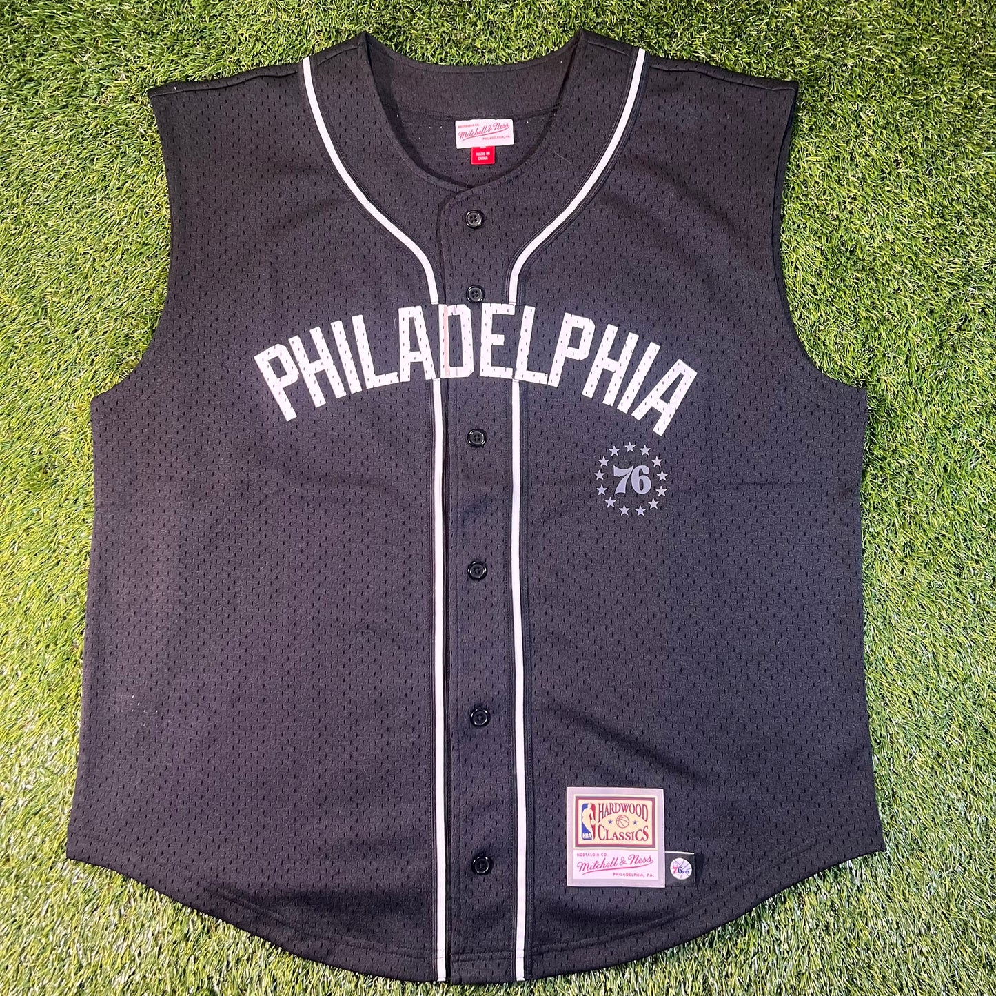 New Philadelphia Sixers Mitchell & Ness Mesh Button Down Tank Top: Size L